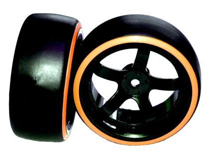 HRC Racing Reifen 1/10 Drift montiert 5-Spoke Felgen 6mm Offset Dual Color Slick Schwarz/Orange HRC61062OR