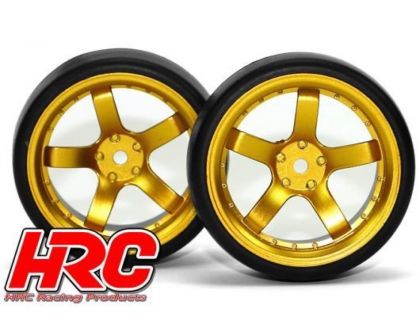 HRC Racing Reifen 1/10 Drift montiert 5-Spoke Gold Felgen 6mm Offset Slick