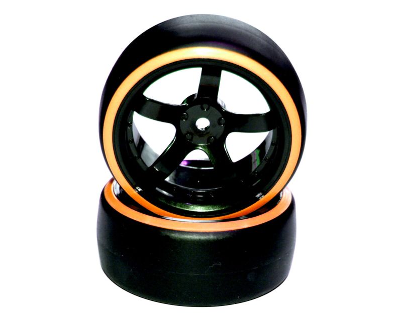 HRC Racing Reifen 1/10 Drift montiert 5-Spoke Felgen 6mm Offset Dual Color Slick Schwarz/Orange