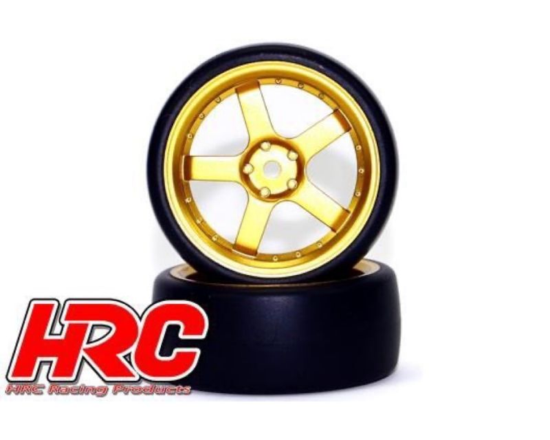 HRC Racing Reifen 1/10 Drift montiert 5-Spoke Gold Felgen 3mm Offset Slick